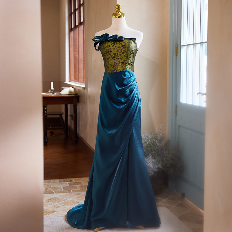 高級感 青 花 オフショルダー マーメイドドレス 裾引き 花嫁 演奏会 二次会 前撮り 披露宴 08862