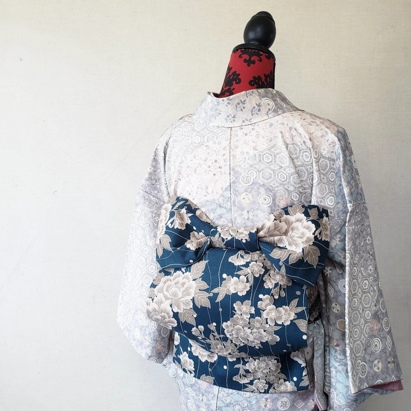 名古屋帯 和の花々 / 着物 帯 和装 綿 きもの 青 グリーン 普段着