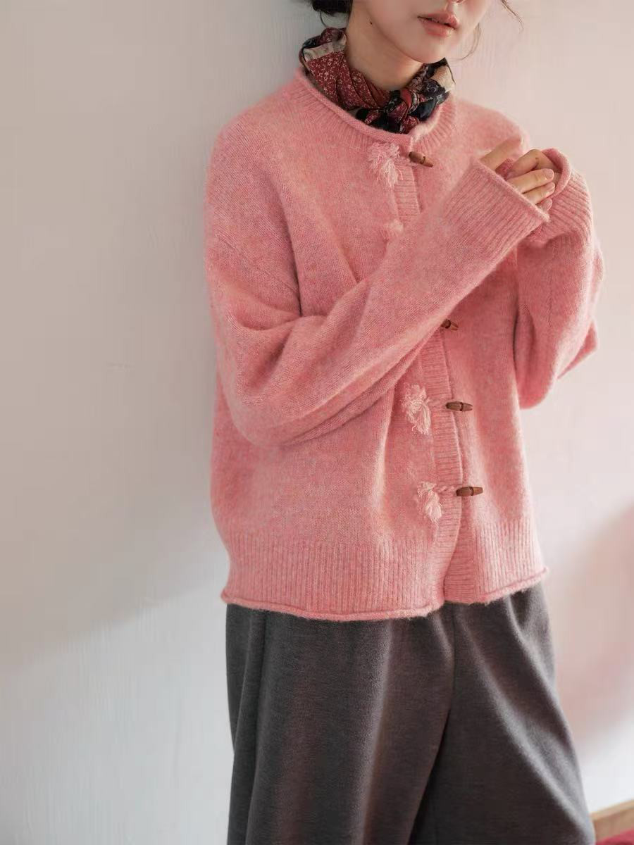 秋冬向ラウンドネックカーディガン　アルパカ混セーター　2色