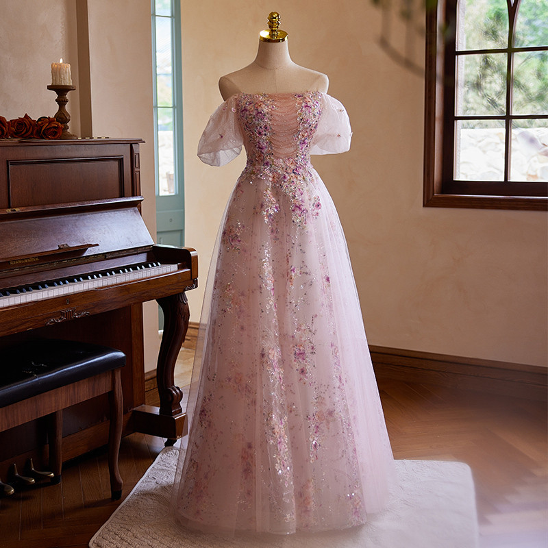 綺麗 ピンク オフショルダー 花 パーティードレス プリンセス 花嫁 誕生日 演奏会 二次会 前撮り 披露宴 08860