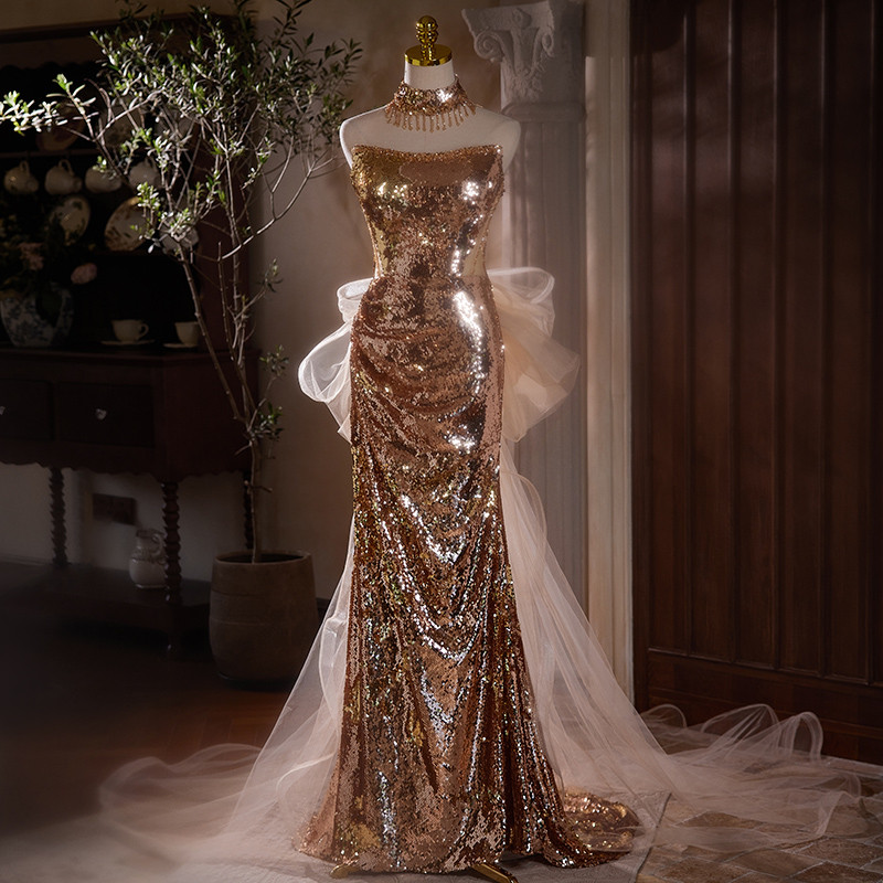 高級感 シャンパン色 スパンコール キラキラ マーメイドドレス 裾引き 花嫁 演奏会 二次会 前撮り 披露宴 08859