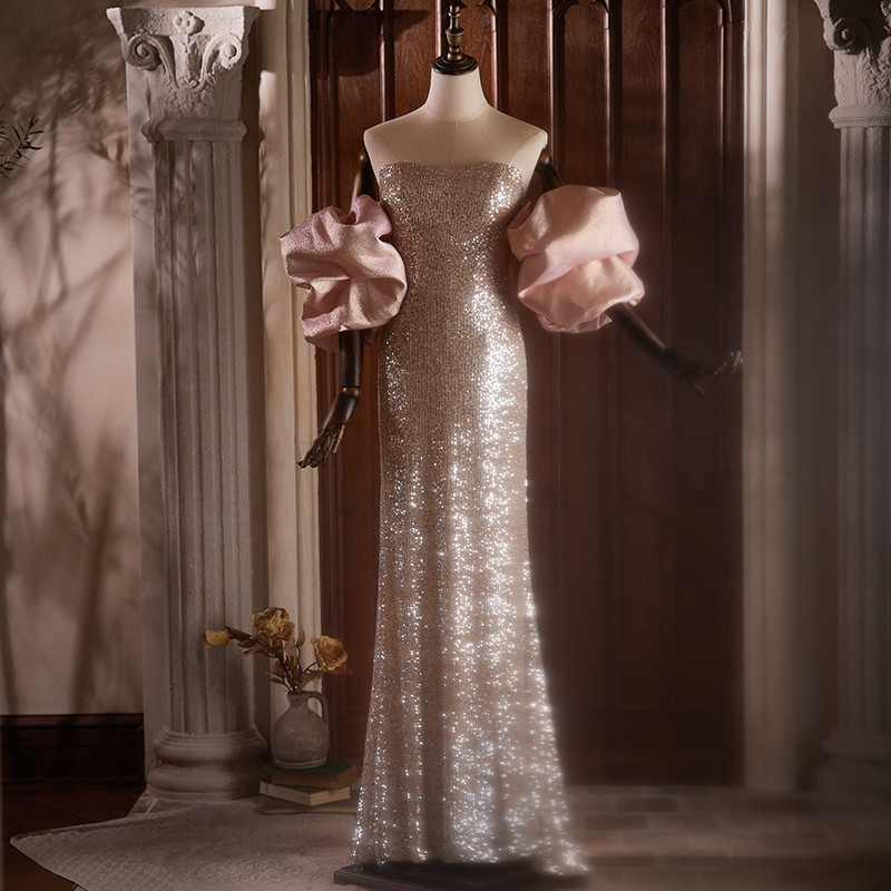 綺麗 シャンパン色 スパンコール パーティードレス 袖カバーりが付 誕生日 演奏会 二次会 前撮り 披露宴 08858