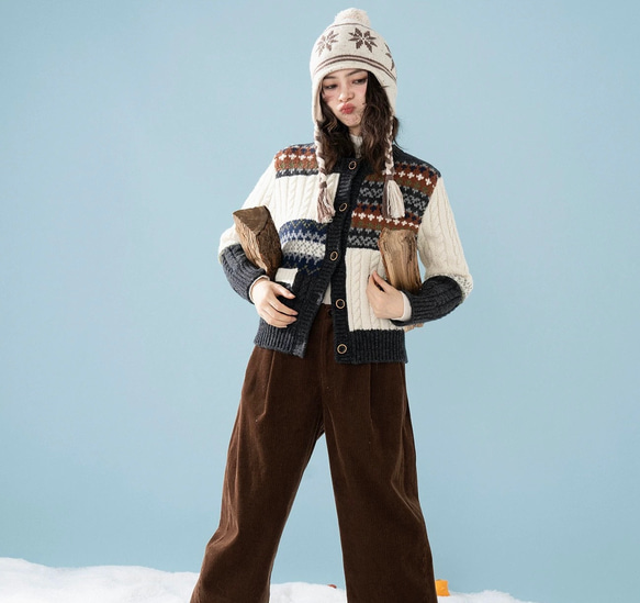 きれいめ配色　ウール100%アラン柄編みセーター/カーディガン　ポケット付き【春秋冬】 7枚目の画像