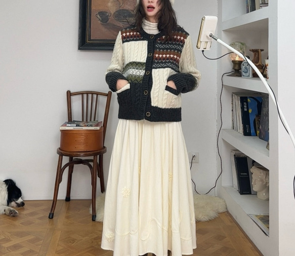 きれいめ配色　ウール100%アラン柄編みセーター/カーディガン　ポケット付き【春秋冬】 11枚目の画像