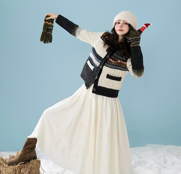 きれいめ配色　ウール100%アラン柄編みセーター/カーディガン　ポケット付き【春秋冬】 9枚目の画像