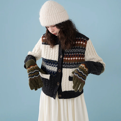 きれいめ配色　ウール100%アラン柄編みセーター/カーディガン　ポケット付き【春秋冬】 1枚目の画像