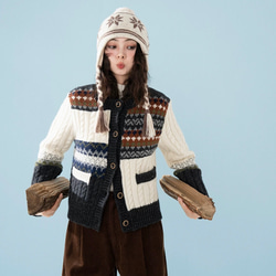 きれいめ配色　ウール100%アラン柄編みセーター/カーディガン　ポケット付き【春秋冬】 4枚目の画像