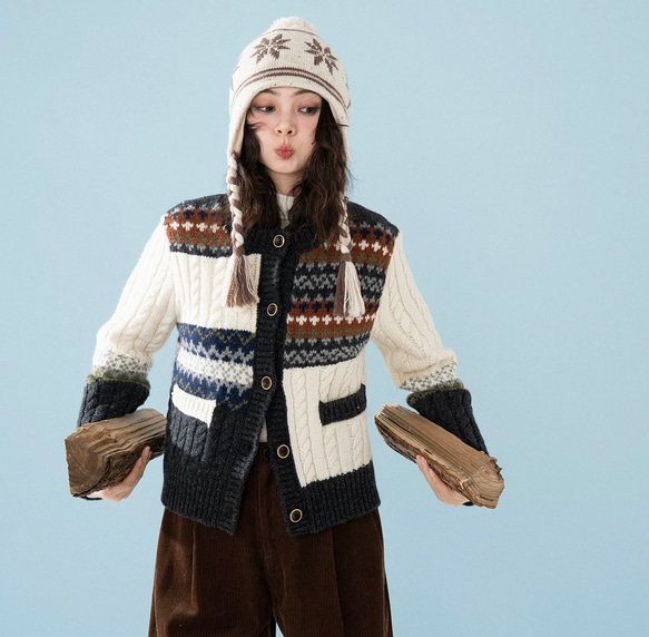 きれいめ配色　ウール100%アラン柄編みセーター/カーディガン　ポケット付き【春秋冬】 4枚目の画像