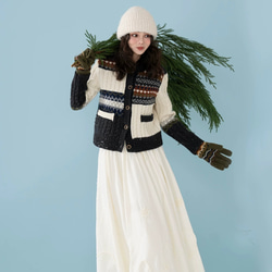 きれいめ配色　ウール100%アラン柄編みセーター/カーディガン　ポケット付き【春秋冬】 3枚目の画像