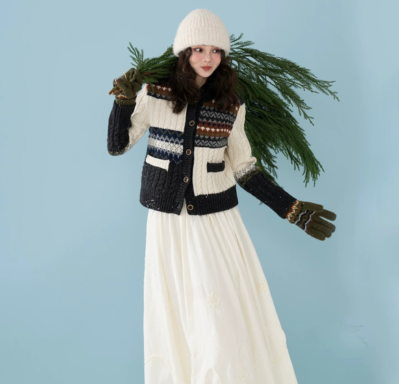 きれいめ配色　ウール100%アラン柄編みセーター/カーディガン　ポケット付き【春秋冬】 3枚目の画像