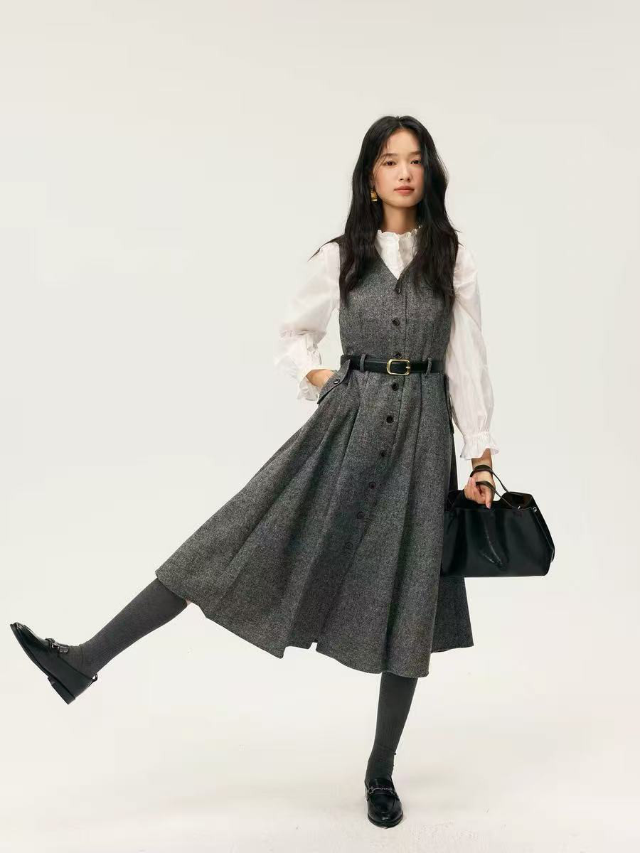 秋冬向きVネックジャンパースカート　エレガント風ストレートワンピース　袖なし