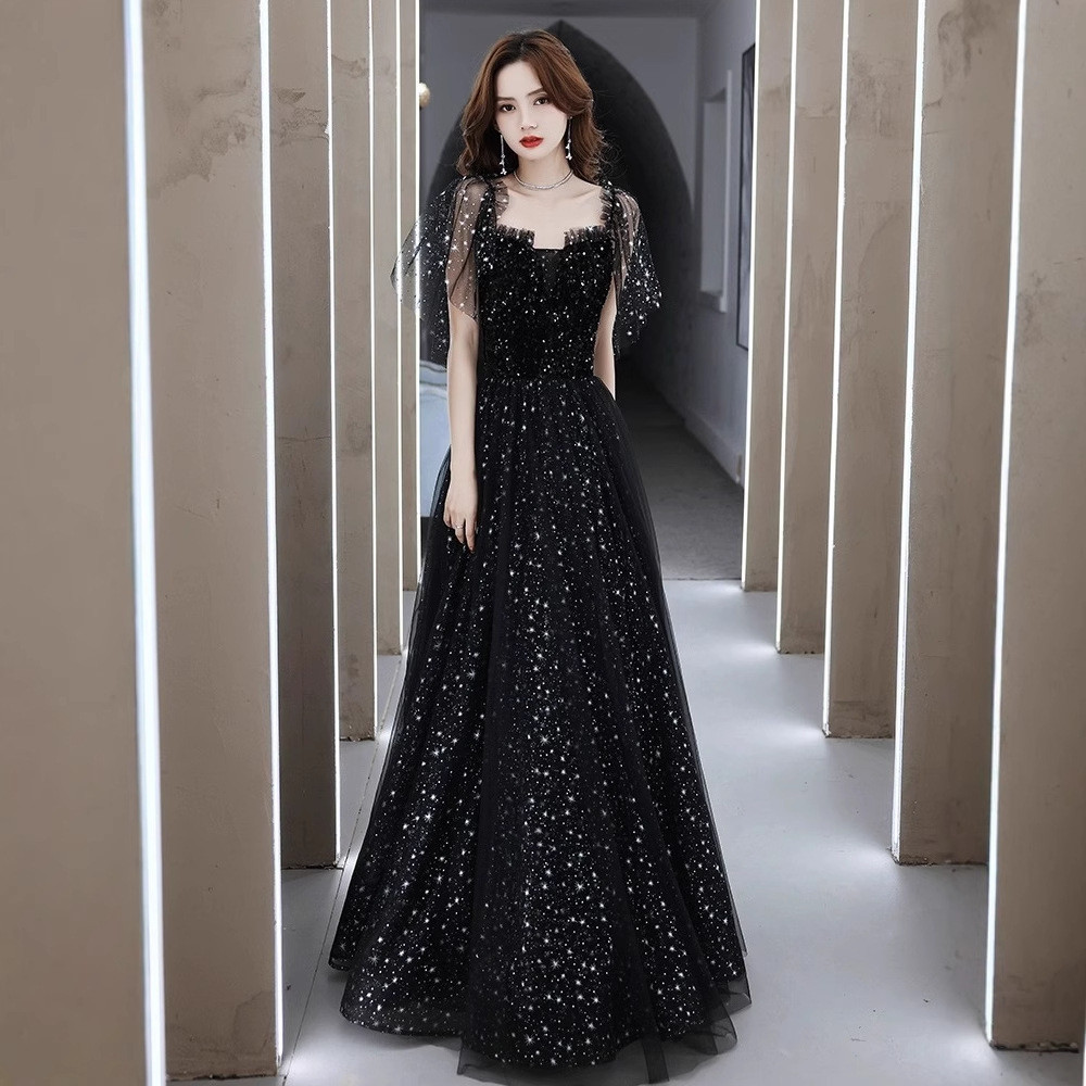 高級感 黒 スパンコール キラキラ パーティードレス 韓国風 誕生日 パーティー 演奏会 二次会 前撮り HL491