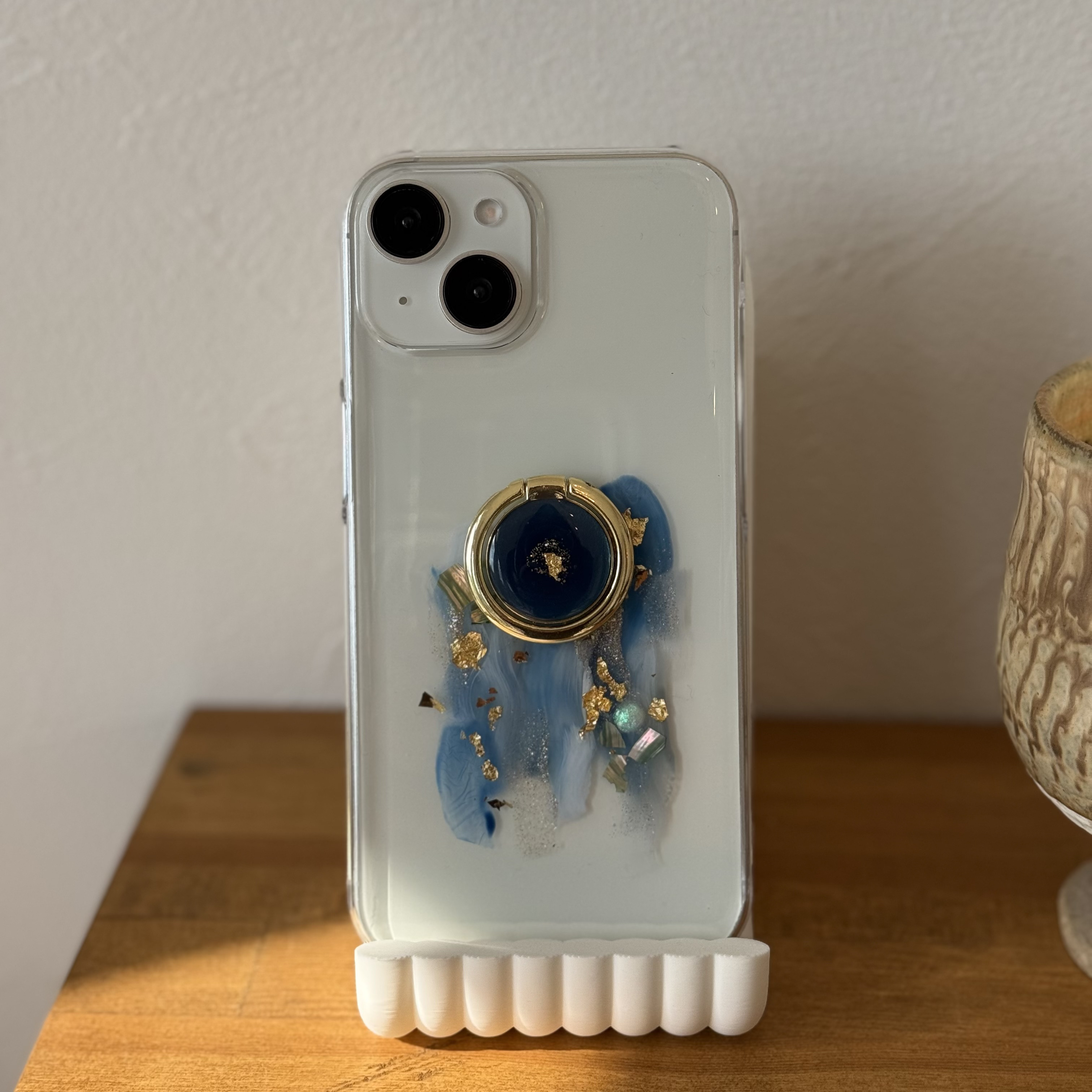アートスマホケース｜手描きレジン／ネイビー×金箔／スマホリング付きiPhone・Android対応
