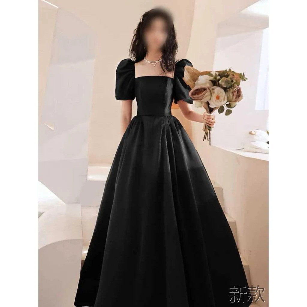 高級感 黒 パフスリーブ パーティードレス シンプル 韓国風 誕生日 パーティー 演奏会 二次会 前撮り HL500