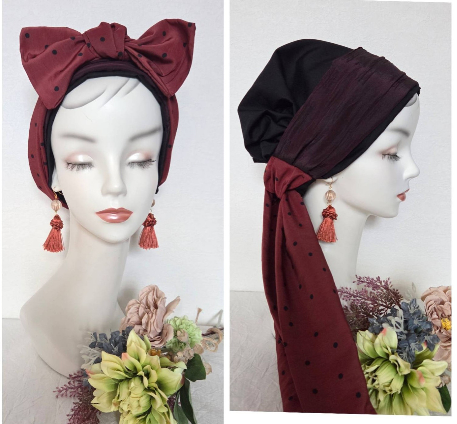 new帽子にもなるヘアターバン【ブラウンドッド×ボルドー】　ターバン帽子　調理帽子　帽子　医療用帽子
