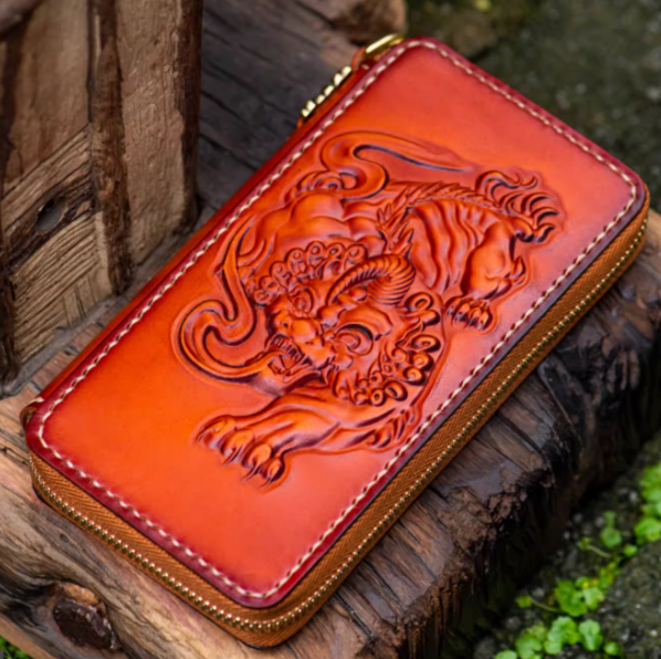 ハンドメイドの牛革ジッパーバッグ、携帯用長財布、クラッチバッグ、スマホケース