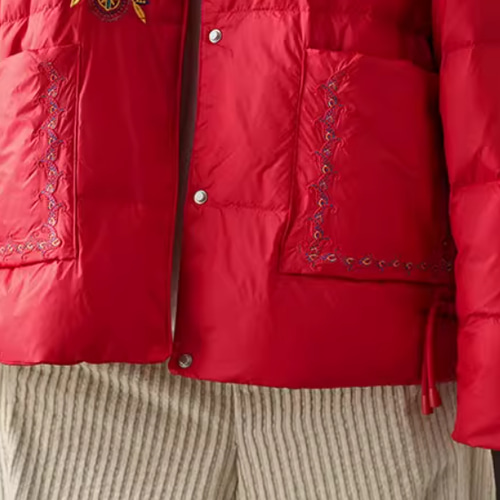 受作 ダウンジャケット レディース 冬 刺繍 結びボタン ショート丈