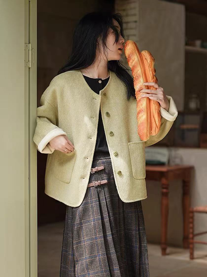 秋向きラウンドネックコート　ウール100%コート　レトロ感溢れ