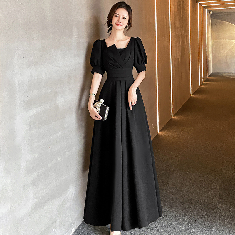 パフスリーブ 黒 パーティードレス シンプル 高級感 韓国風 誕生日 パーティー 演奏会 二次会 前撮り HL511