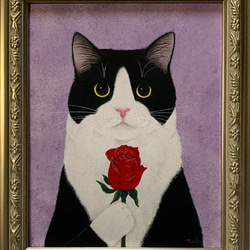 原画】「興味津々」／金魚と猫／色紙額入り 絵画 猫心～にゃんはーと