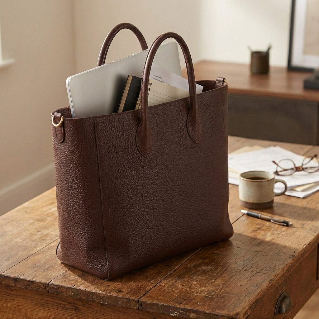 荒々しいシボが美しい、植物タンニンなめしブルレザーの上質トート（ブラウン）