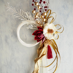 アートフラワーウォール《ゴールド煌めく赤と白の静寂》ドライフラワー | しめ縄 5枚目の画像