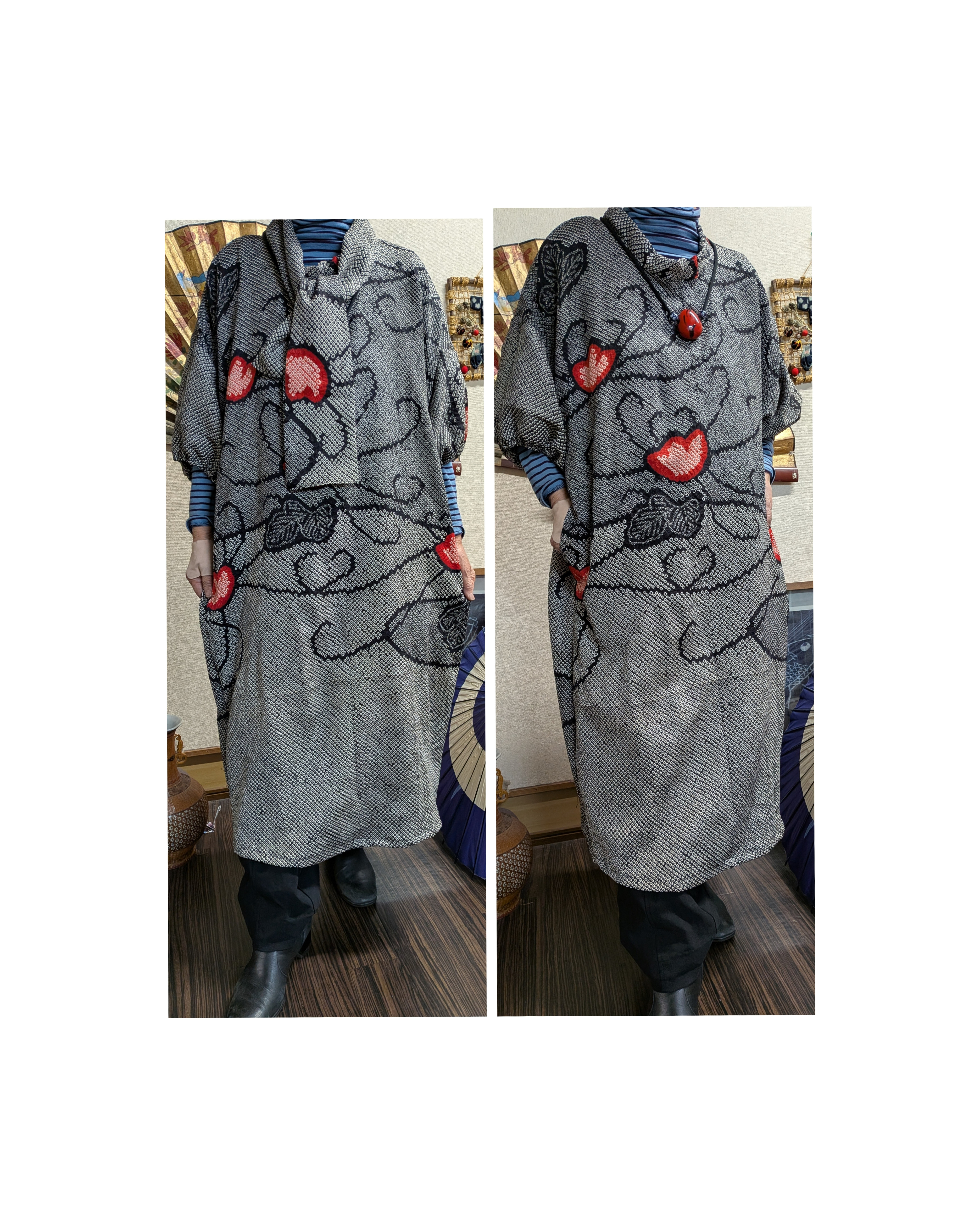 総絞りのチュニック（ストール付き）（パフスリーブ袖）　　　着物リメイク