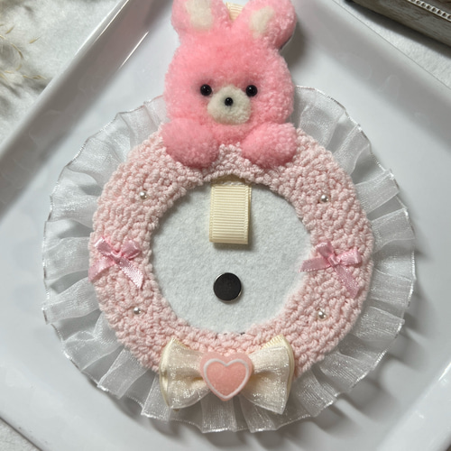 うさぎ ピンク ロゼット パンチニードル ハンドメイド タフティング