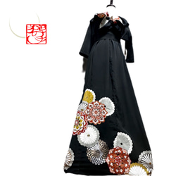 振袖 着物リメイク スッキリ切替ドレス 和柄 ワンピース 赤×椿や大輪花