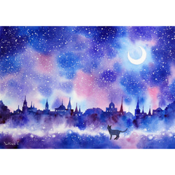 【原画】夜空に紡ぐ物語 原画】彩の夜空（水彩画）送料無料☆月 夜 街 猫 絵画 絵画 Yukari