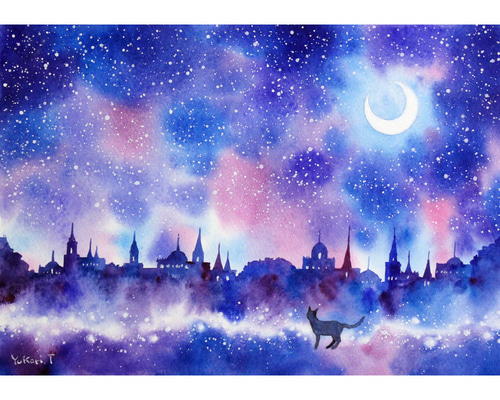 原画】彩の夜空（水彩画）送料無料☆月 夜 街 猫 絵画 絵画 Yukari