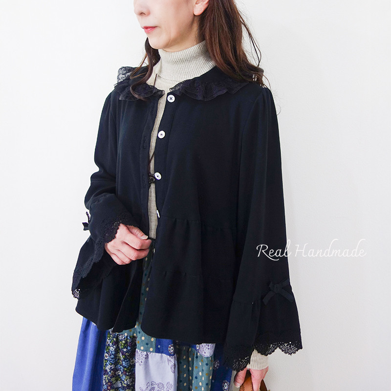 ブラックニット・クラシカルレースティアード羽織りブラウス