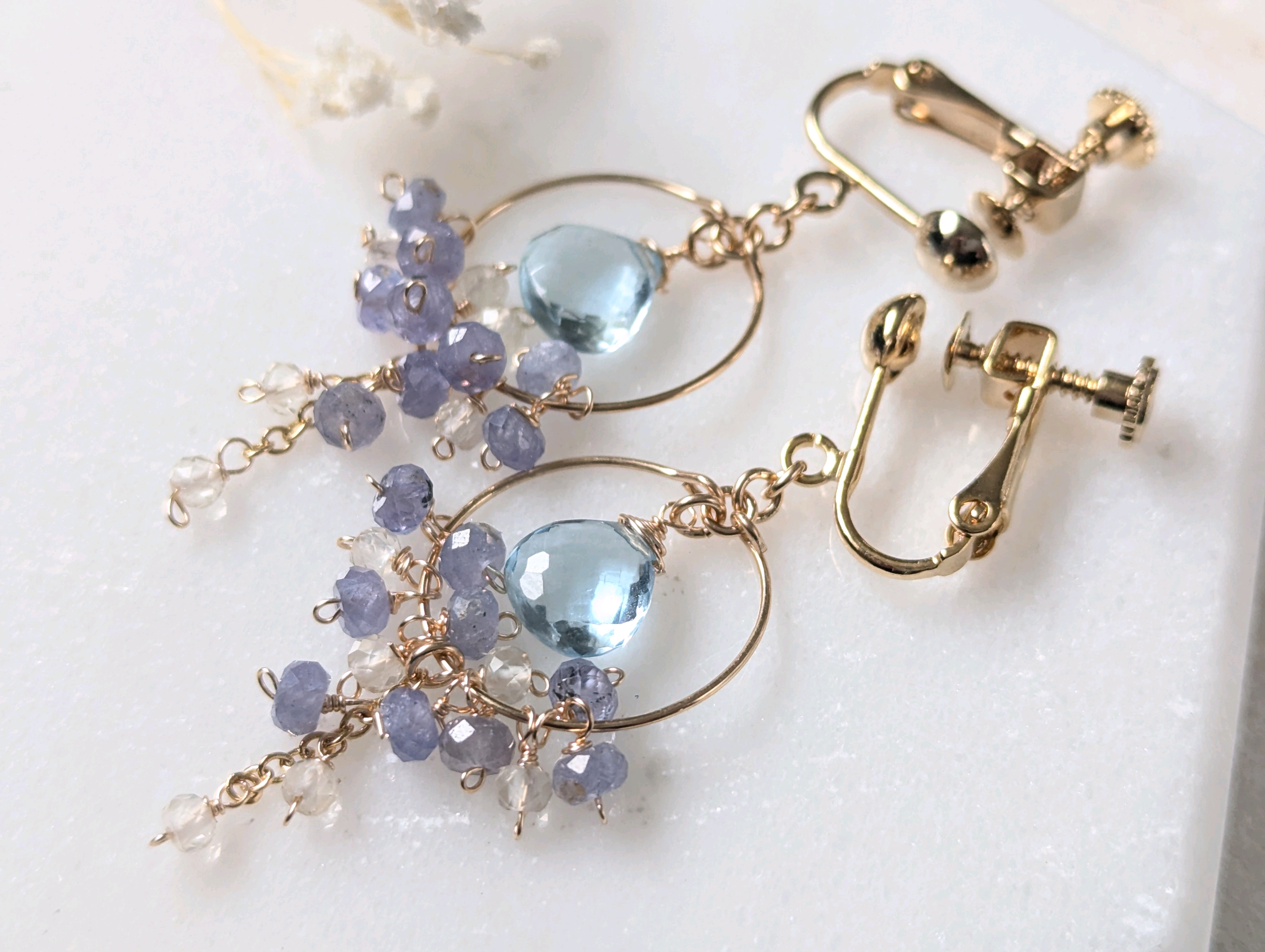 11月誕生石フープのブルートパーズイヤリング☆タンザナイト、レモンクォーツ