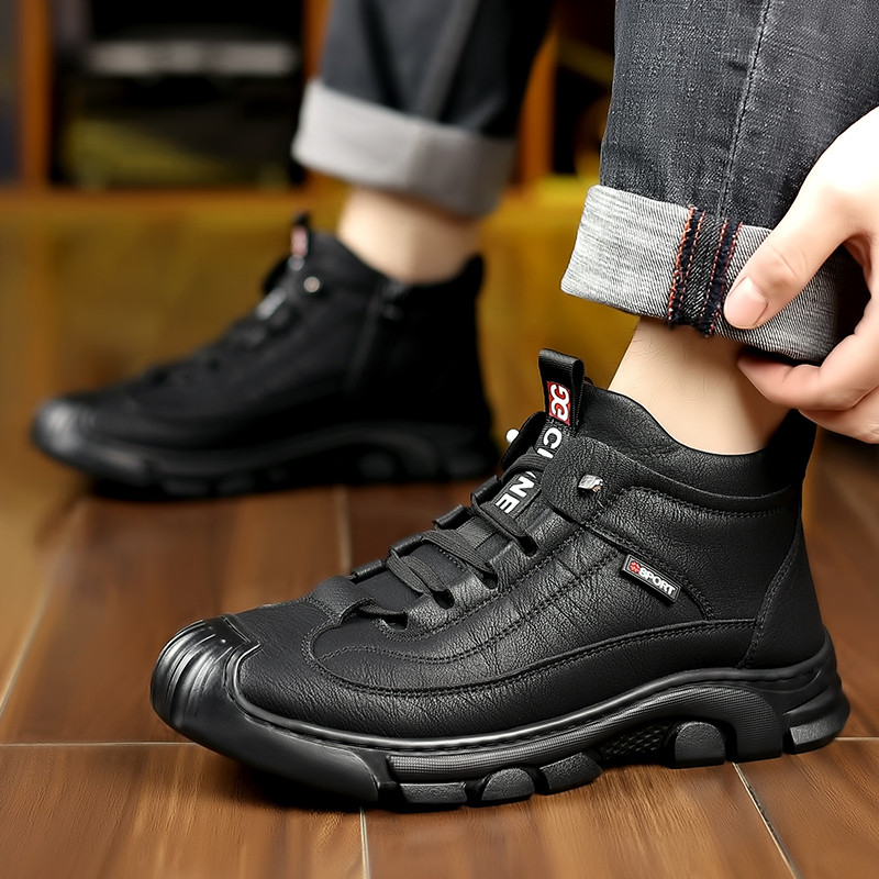 男性靴冬の新レザーウール厚手保温東北大綿靴男性ハイカットギャザースノーブーツ