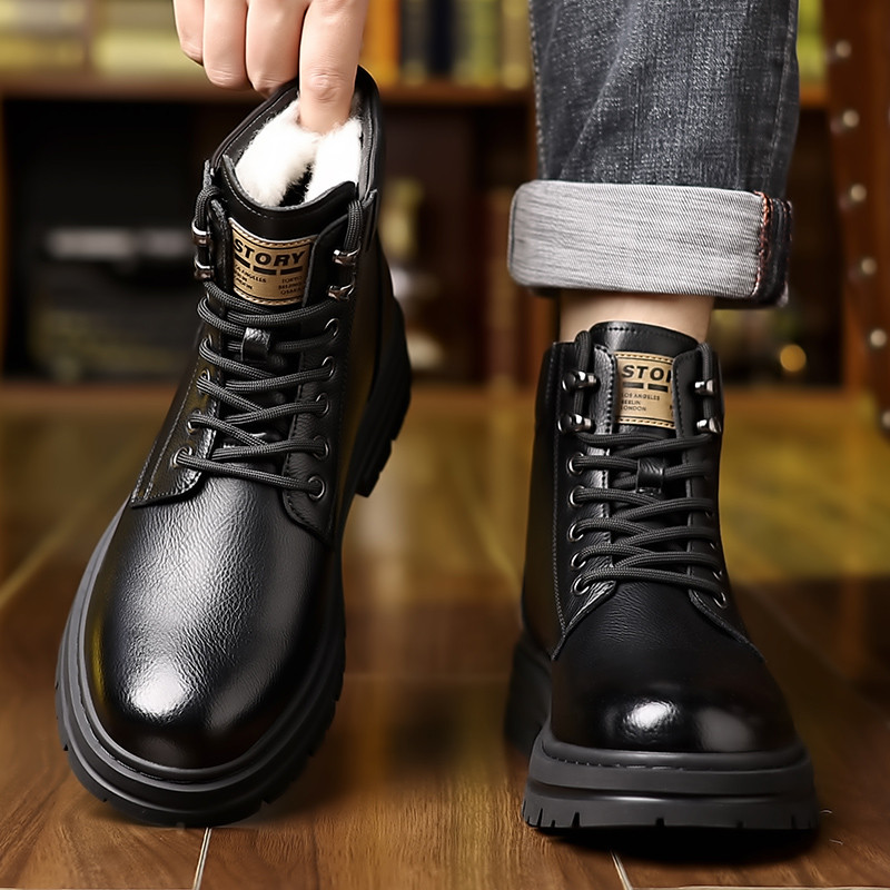 マーティンブーツメンズ2026冬新作本革ウールスノーブーツメンズギャザー厚手保温綿靴メンズシューズ