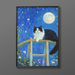 絵画 | イラストポスター 821☆ 【かわいい猫と月】 絵画 アカザ麦