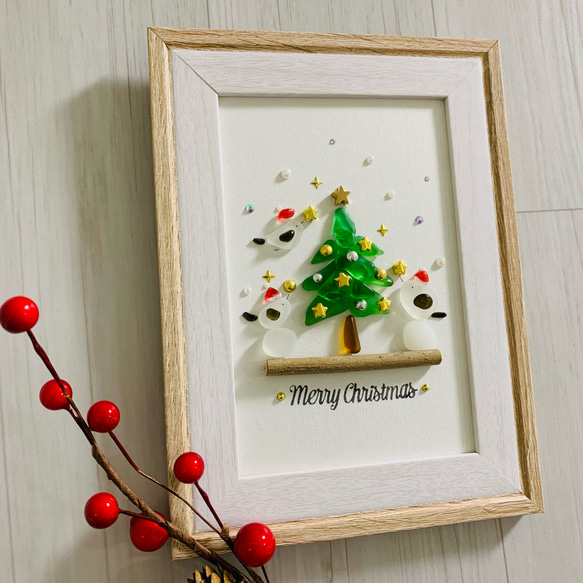 シマエナガ クリスマスツリー シーグラスアート 原画 インテリア誕生日プレゼント クリスマス飾り クリスマスプレゼント 1枚目の画像