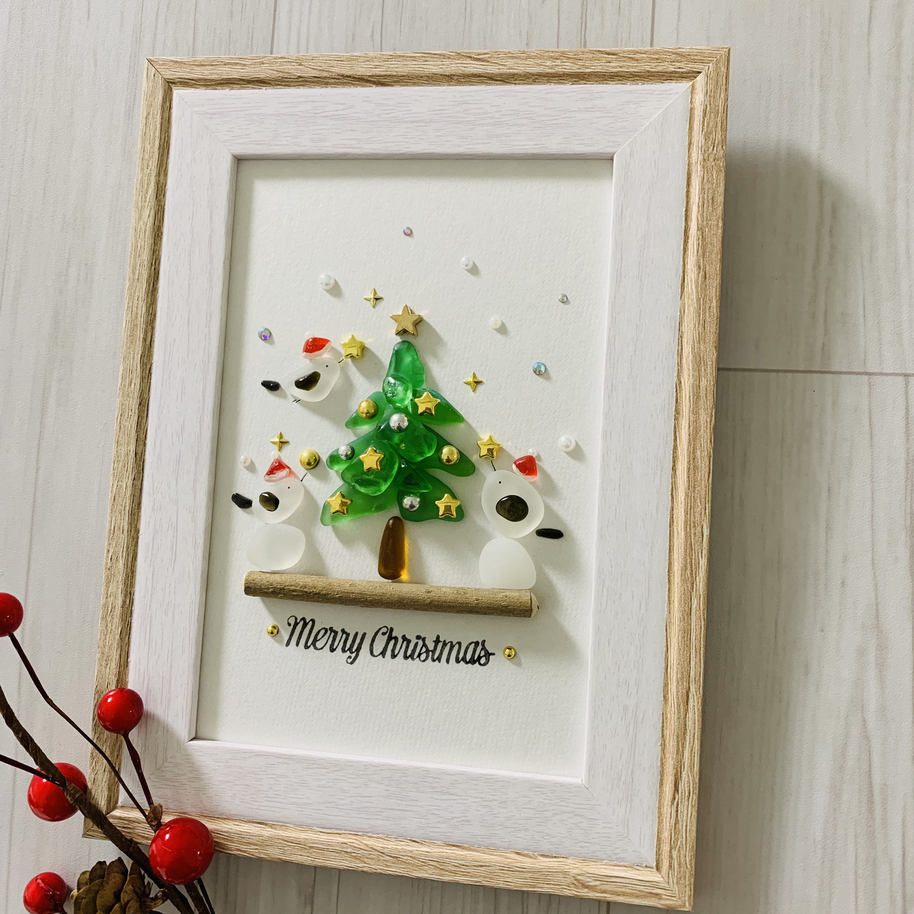 シマエナガ クリスマスツリー シーグラスアート 原画 インテリア誕生日プレゼント クリスマス飾り クリスマスプレゼント