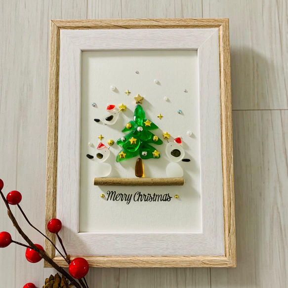シマエナガ クリスマスツリー シーグラスアート 原画 インテリア誕生日プレゼント クリスマス飾り クリスマスプレゼント 3枚目の画像