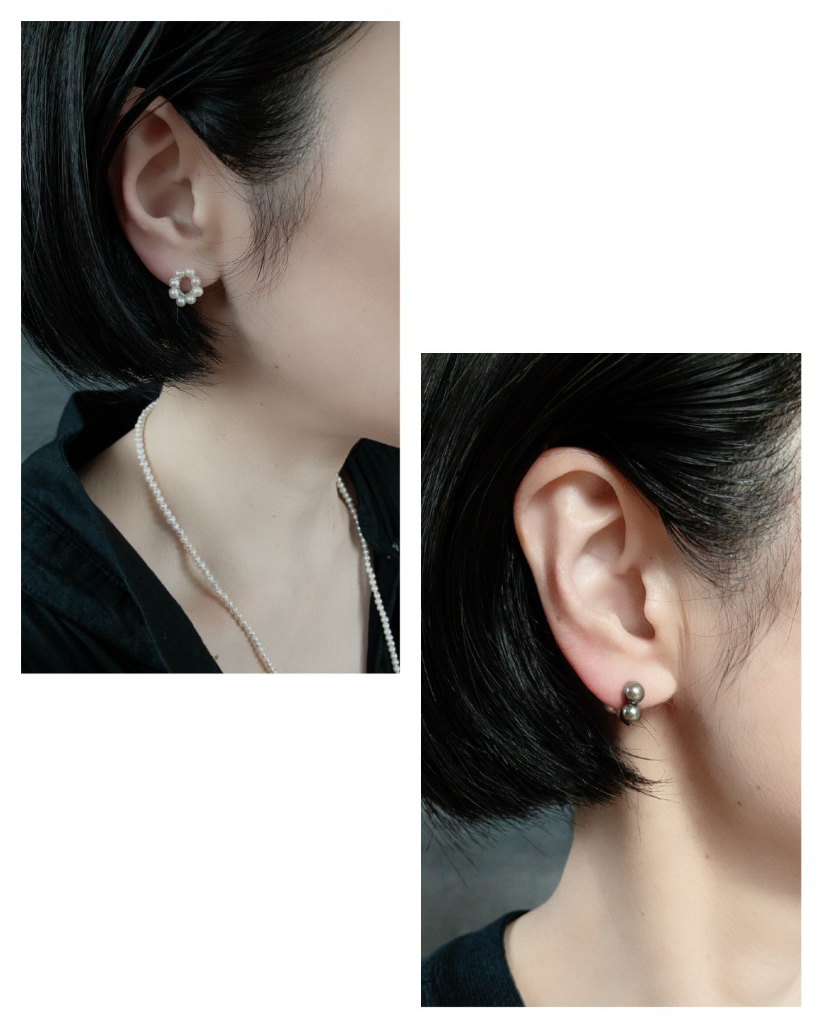 リバーシブルイヤリング 〜 淡水真珠(ホワイト＆グリーングレー)