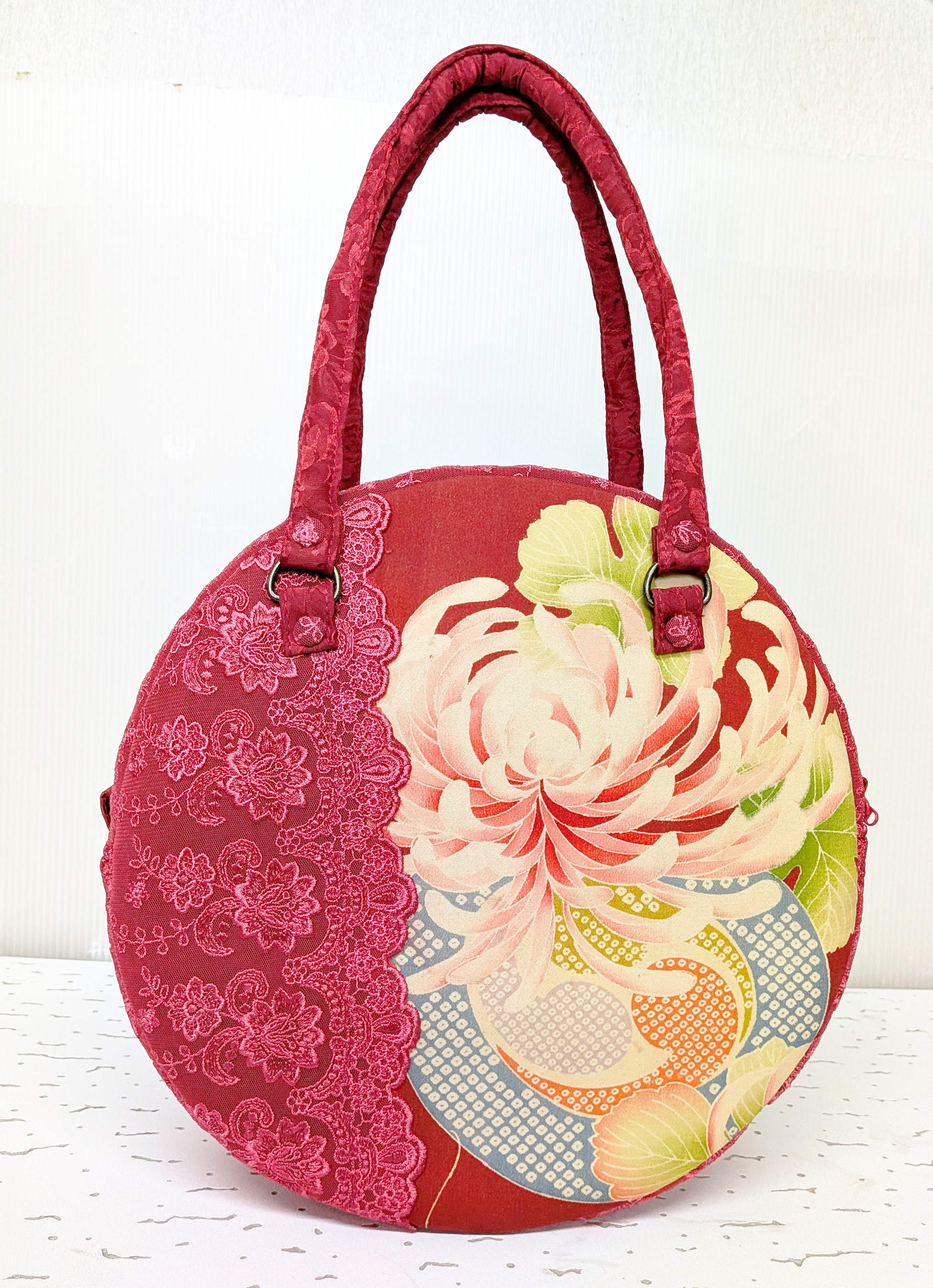 丸型ボストン大　乱菊の着物×マゼンタレース