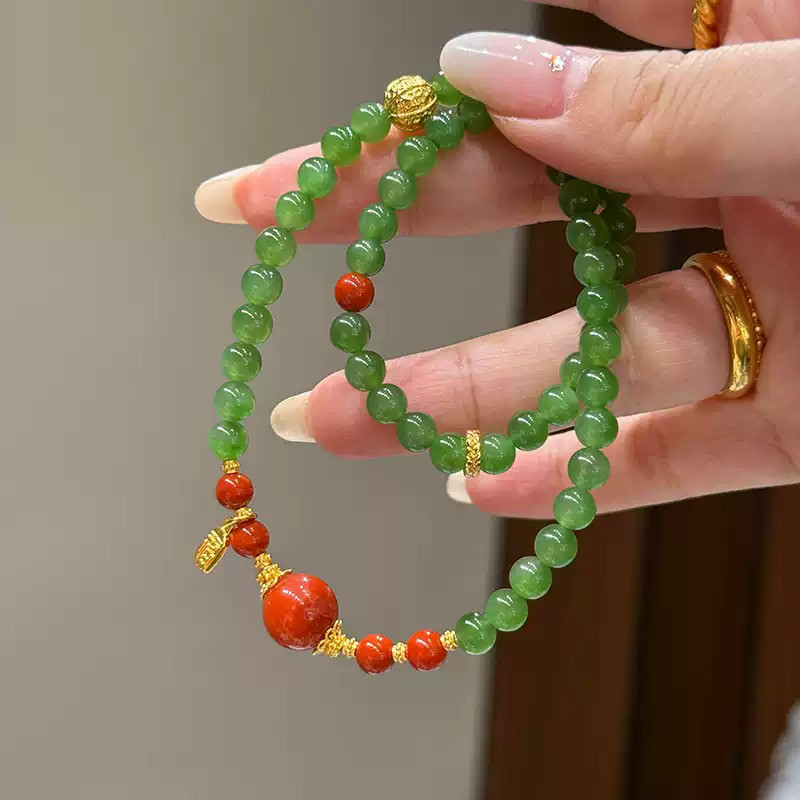 ✼• Elegant •✼ 天然ロシア翡翠(アップルグリーン)/赤瑪瑙 二連ブレスレット