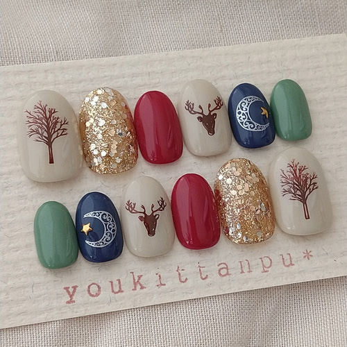 即日発送／12枚セット クリスマスネイルチップ 013246 現品 北欧