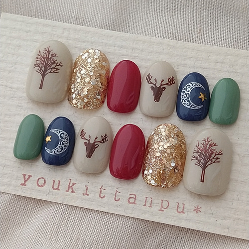 即日発送／12枚セット クリスマスネイルチップ 013246 現品 北欧