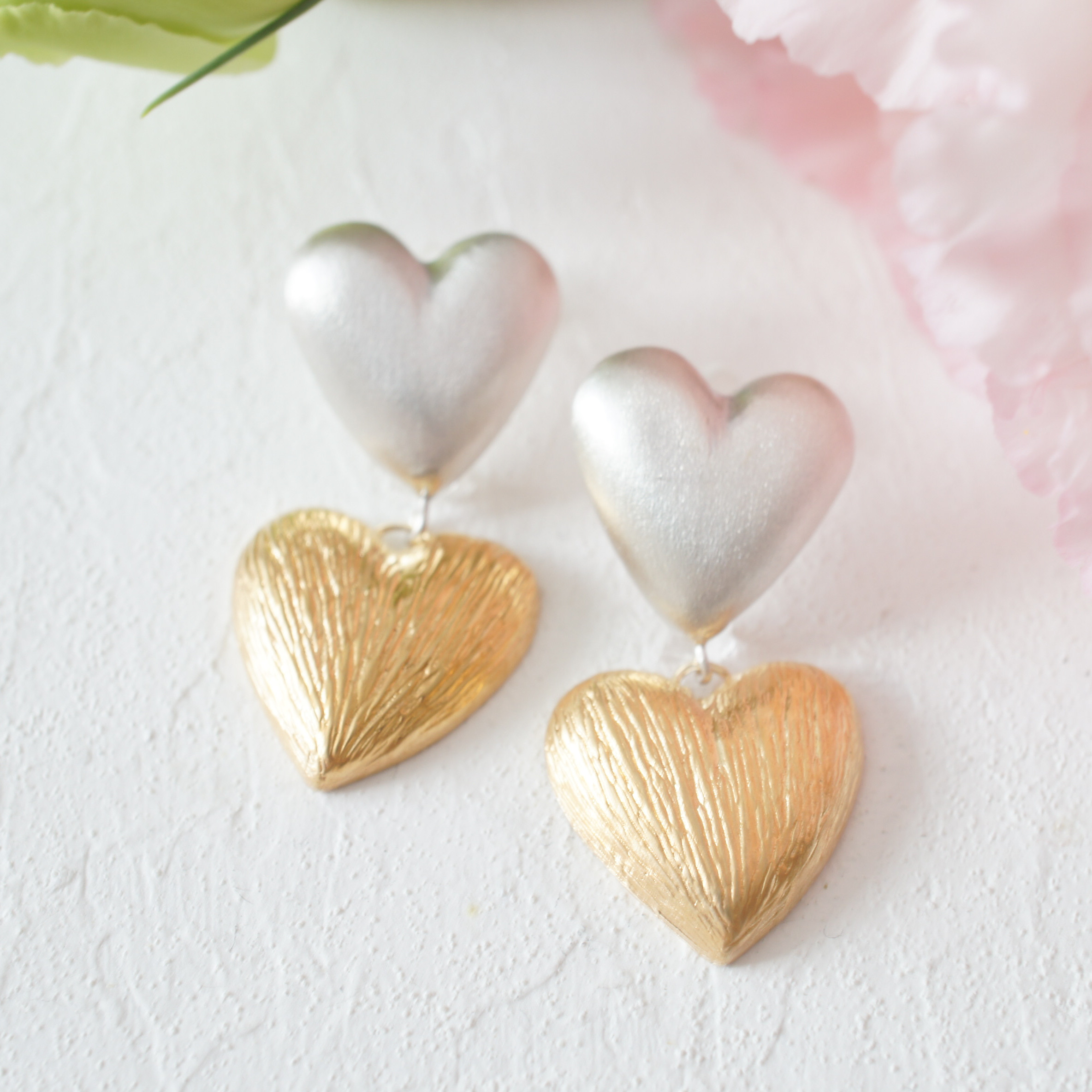 silver925　おおぶりハートの２連ピアス ハート シルバー 真鍮 ピアス コンビ　ギフト