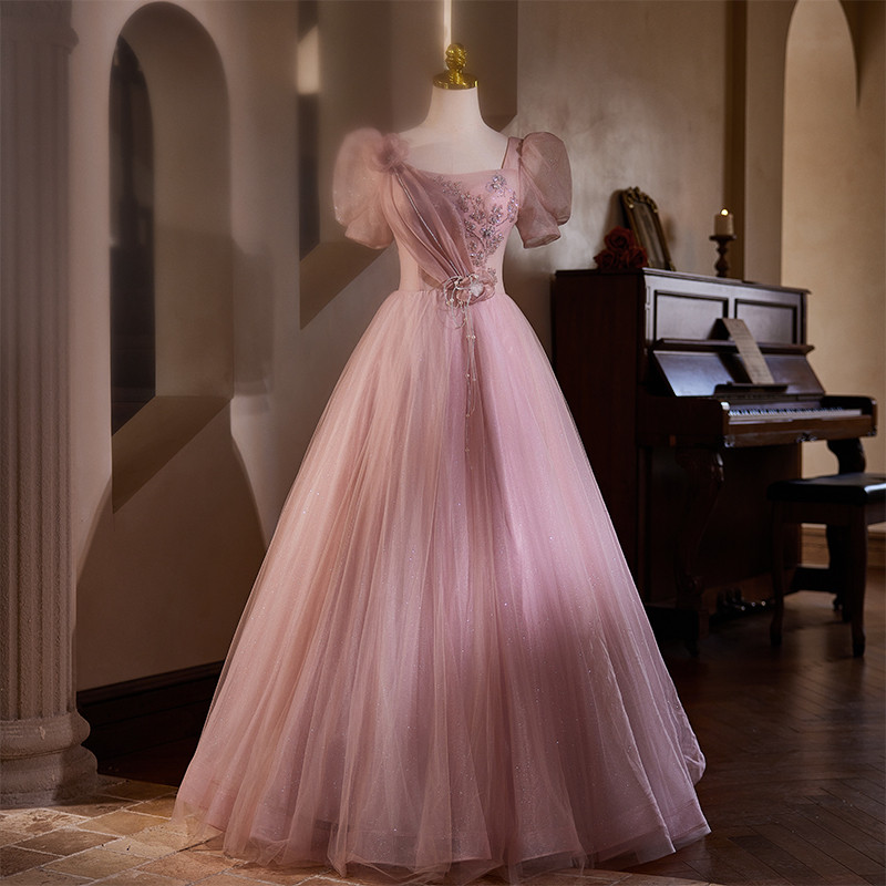 綺麗 ピンク 半袖 チュール 花 パーティードレス プリンセス 花嫁 誕生日 演奏会 二次会 前撮り 披露宴 08850