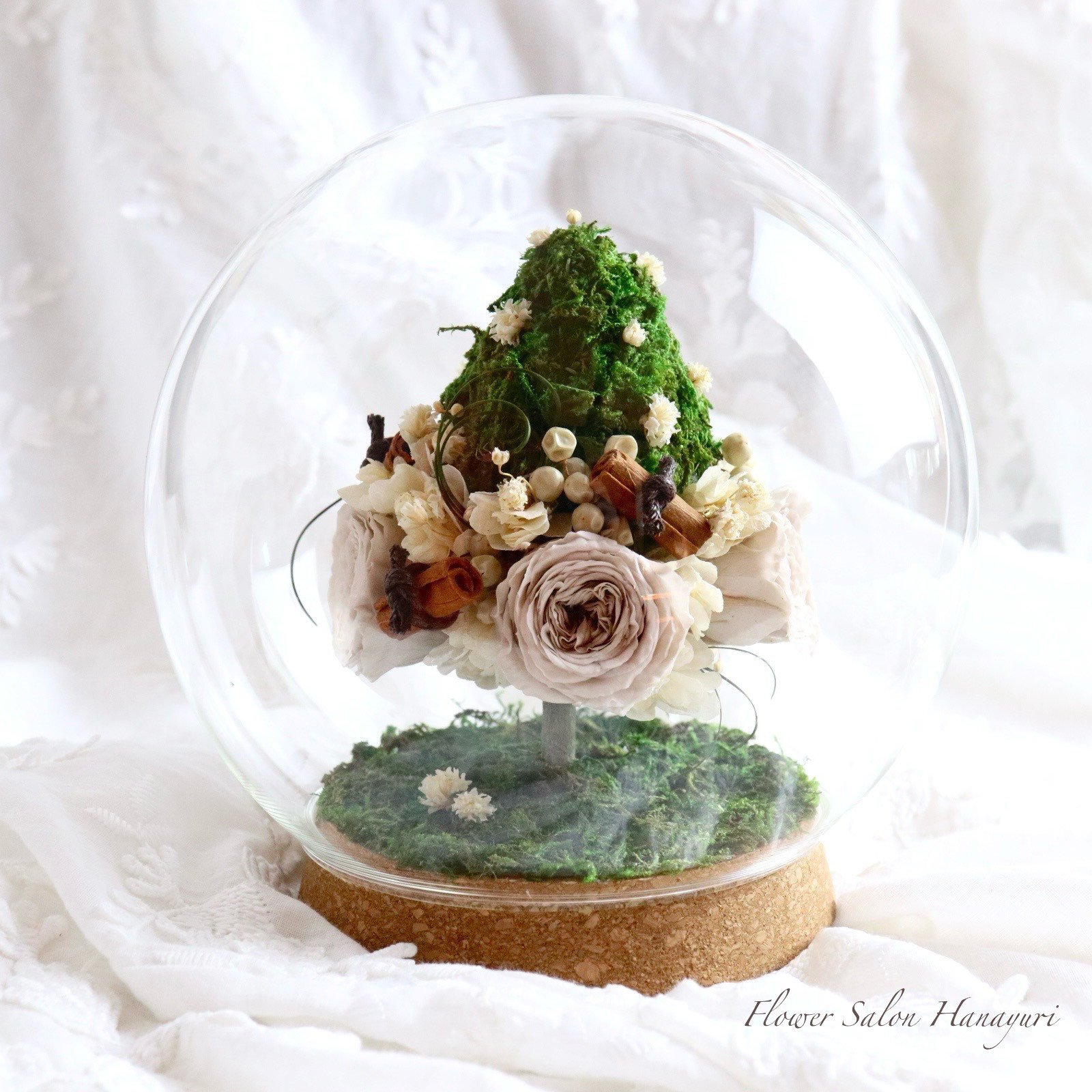 プリザーブドフラワー　トピアリー　オールドローズ　薔薇のツリー　ガラスドーム　フラワーギフト　誕生日記念日　お祝い
