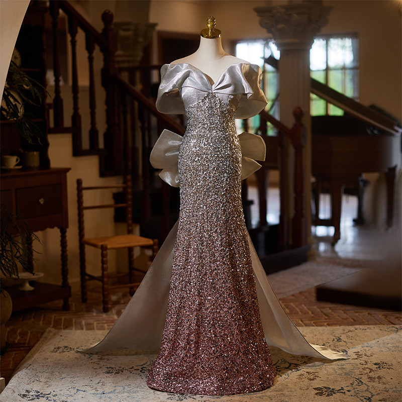 高級感 シルバー スパンコール キラキラ マーメイドドレス 裾引き 花嫁 演奏会 二次会 前撮り 披露宴 08841