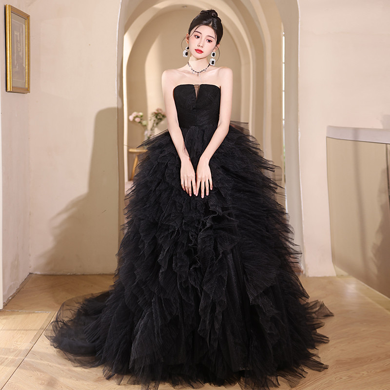 綺麗 黒 オフショルダー ふわふわ ウェディングドレス 裾引き 花嫁 成人式 演奏会 二次会 前撮り 披露宴 08840