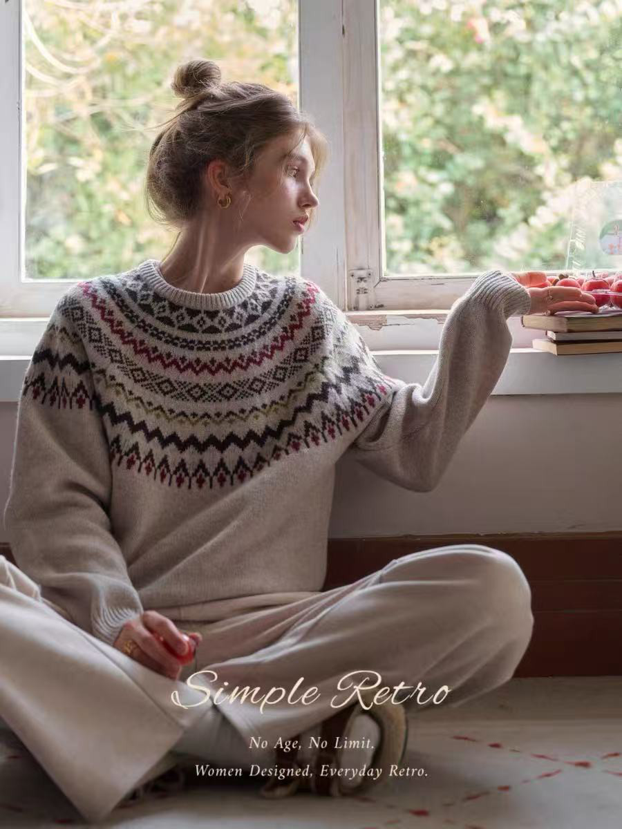 ラウンドネックジャカードセーター　ウール100%フェアアイルセーター